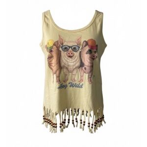 Vintage Y2K Anvil "Hog Wild" Pig Graphic Tank Top with Beaded Fringe